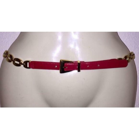 VINTAGE ST JOHN MARIE GRAY COLLECTION WOMENS RED LEATHER GOLDPLATED CHAIN BELT M main image 5